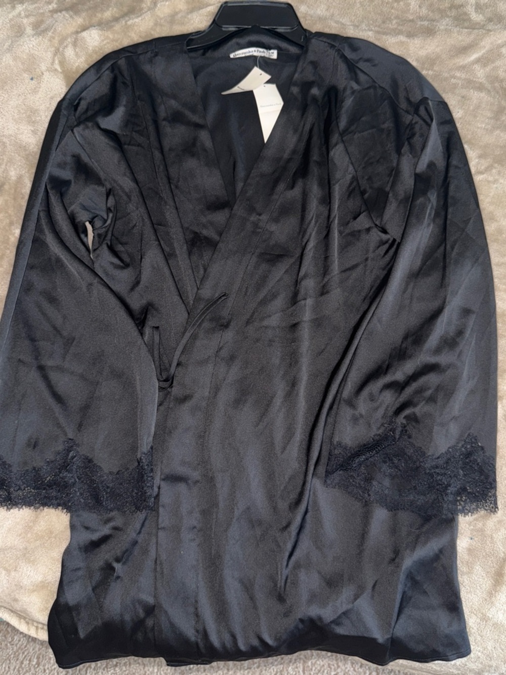 Abercrombie & Fitch Black Satin Lace-Trim Wrap Robe